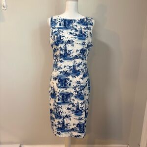 Blue White Toile Chinoiserie Preppy Coastal Sheath Dress Size 10 Cotton Stretch
